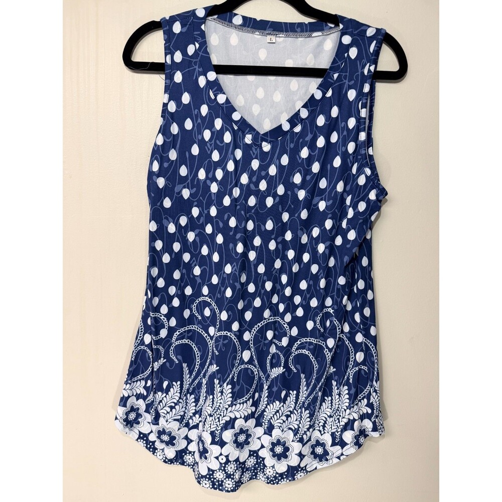 Womens Navy White Polka Dot Floral Border Sleeveless Top